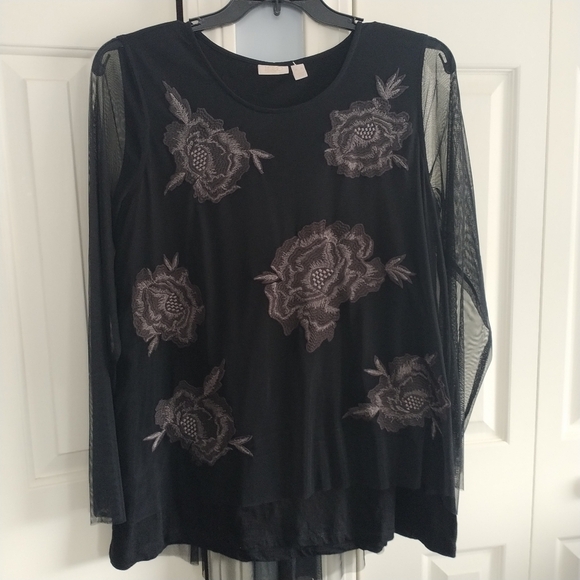 LOGO Lavish Embroidered Black Mesh Slub Knit Top XL - Picture 1 of 12